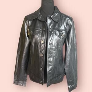 Vtg Ralph Lauren Leather Jacket Womens MEDIUM Trucker 90s Y2K Biker Navy Blue